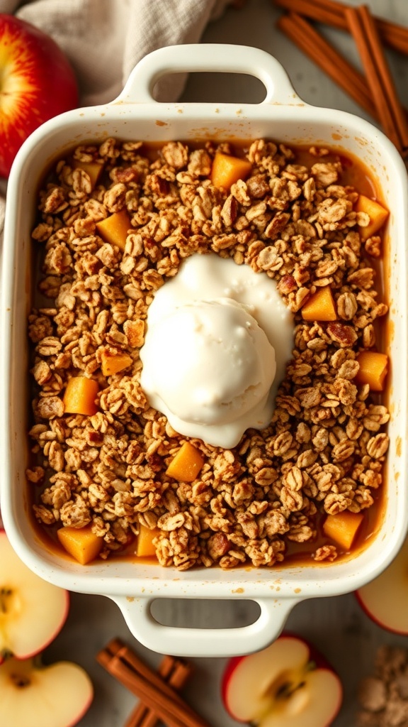 A delicious apple crisp in a baking dish topped with oats, served with vanilla ice cream and garnished with apple slices.